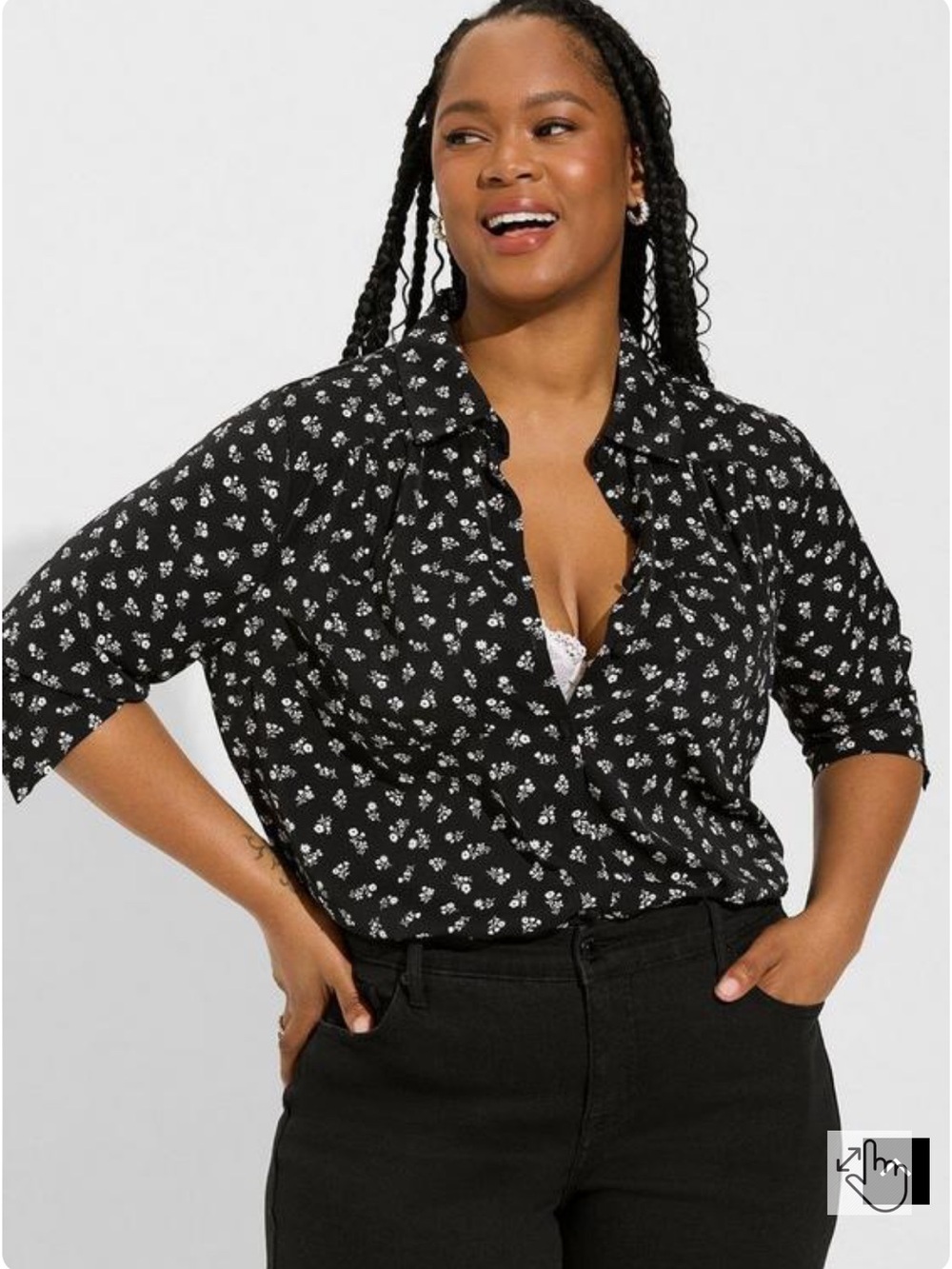 NWT Torrid Button-Down Long Sleeve Blouse, Black & White, Size 1